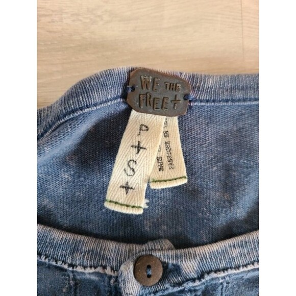 Free People Blue Cotton Top Puff Sleeve Bib Blouse Distressed Wash We The Free - Picture 8 of 9